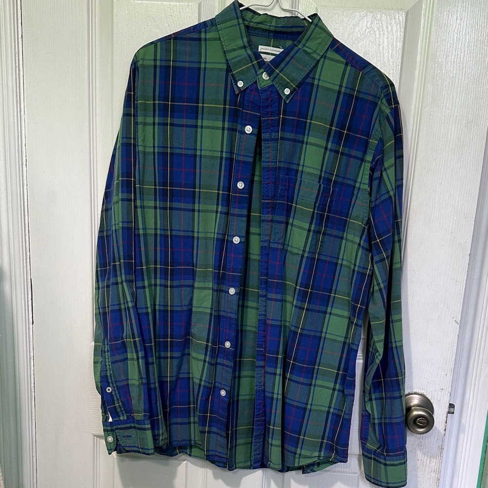 Old Navy Men's Green and Blue Plaid Button Down Shirt
